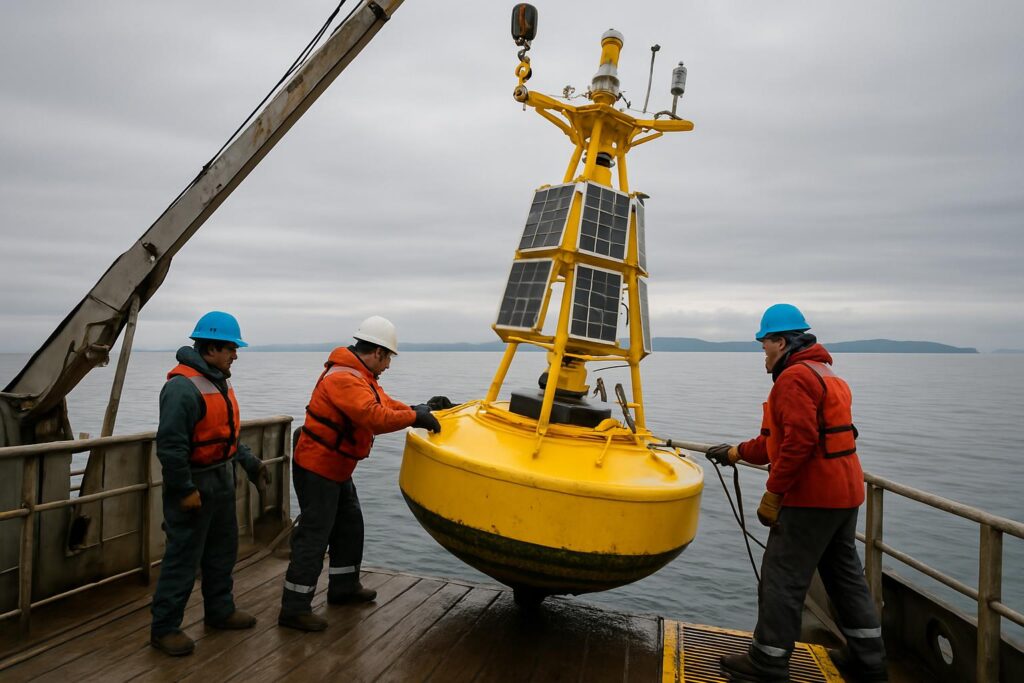 3 men deploying a buoy