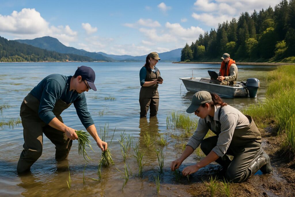 4 working doing environmental restoration