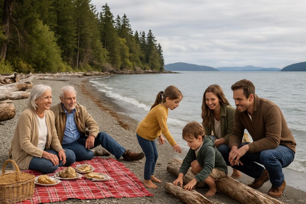 family sitting at beach